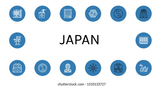 japan icon set. Collection of Sushi roll, Instant noodles, Pachinko, Yin yang, Ying yang, Kimono, Dumpling, Taekwondo, Yen, Origami, Kabuki icons