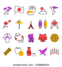Japan icon set in colored line style. Japanese traditional symbols. Vector illustration.