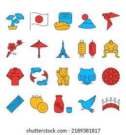 Japan icon set in colored line style. Japanese national symbols. Vector illustration.