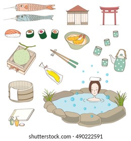 Japan icon set. Elements for traveling to Japan.Girl bath in japanese style onsen hot springs. 