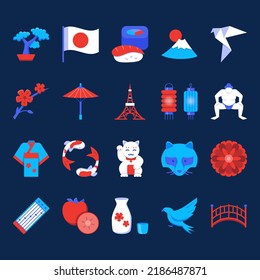 Japan icon set in flat style. Japanese traditional symbols. Vector illustration.