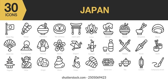 Japan icon set. Includes japan flag, dango, onigiri, sashimi, katana, ninja, pagoda and More. Outline icons vector collection.