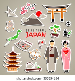 Japan icon set. Isolated sticker icons. Travel concept. Traditional clothes and cuisine, authentic architecture and nature. Japanese cultural symbols. Colorful cartoon style. Vector illustration.