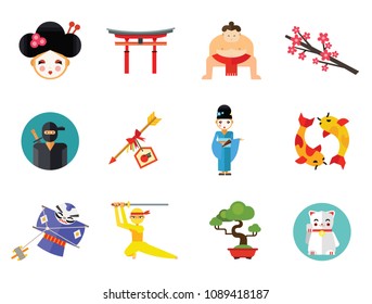 Japan Icon Set. Japanese Kite Japanese Cranes Torii Gate Bonsai Tree Koi Fish Japanese Ninja Sumo Wrestler Female Ninja Hamaya Arrow Geisha Japanese Lucky Cat Geisha Head Sakura Twig