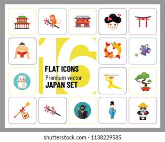 Japan Icon Set. Japanese Kite Japanese Cranes Torii Gate Bonsai Tree Koi Fish Japanese Ninja Sumo Wrestler Female Ninja Hamaya Arrow Geisha Japanese Lucky Cat Geisha Head Sakura Twig