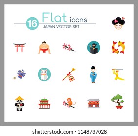 Japan Icon Set. Japanese Kite Japanese Cranes Torii Gate Bonsai Tree Koi Fish Japanese Ninja Sumo Wrestler Female Ninja Hamaya Arrow Geisha Japanese Lucky Cat Geisha Head Sakura Twig