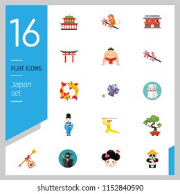 Japan Icon Set. Japanese Kite Japanese Cranes Torii Gate Bonsai Tree Koi Fish Japanese Ninja Sumo Wrestler Female Ninja Hamaya Arrow Geisha Japanese Lucky Cat Geisha Head Sakura Twig