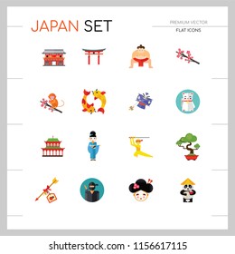 Japan Icon Set. Japanese Kite Japanese Cranes Torii Gate Bonsai Tree Koi Fish Japanese Ninja Sumo Wrestler Female Ninja Hamaya Arrow Geisha Japanese Lucky Cat Geisha Head Sakura Twig