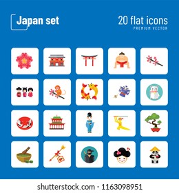 Japan Icon Set. Japanese Kite Japanese Cranes Torii Gate Bonsai Tree Koi Fish Japanese Ninja Sumo Wrestler Female Ninja Hamaya Arrow Geisha Japanese Lucky Cat Geisha Head Sakura Twig