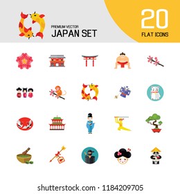 Japan Icon Set. Japanese Kite Japanese Cranes Torii Gate Bonsai Tree Koi Fish Japanese Ninja Sumo Wrestler Female Ninja Hamaya Arrow Geisha Japanese Lucky Cat Geisha Head Sakura Twig