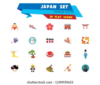 Japan Icon Set. Japanese Kite Japanese Cranes Torii Gate Bonsai Tree Koi Fish Japanese Ninja Sumo Wrestler Female Ninja Hamaya Arrow Geisha Japanese Lucky Cat Geisha Head Sakura Twig