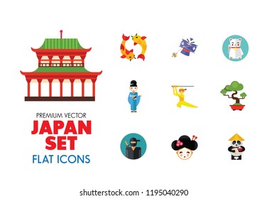 Japan Icon Set. Japanese Kite Japanese Cranes Torii Gate Bonsai Tree Koi Fish Japanese Ninja Sumo Wrestler Female Ninja Hamaya Arrow Geisha Japanese Lucky Cat Geisha Head Sakura Twig
