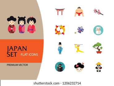 Japan Icon Set. Japanese Kite Japanese Cranes Torii Gate Bonsai Tree Koi Fish Japanese Ninja Sumo Wrestler Female Ninja Hamaya Arrow Geisha Japanese Lucky Cat Geisha Head Sakura Twig