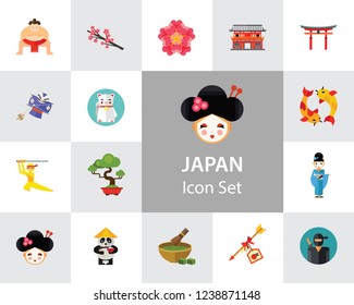 Japan Icon Set. Japanese Kite Japanese Cranes Torii Gate Bonsai Tree Koi Fish Japanese Ninja Sumo Wrestler Female Ninja Hamaya Arrow Geisha Japanese Lucky Cat Geisha Head Sakura Twig