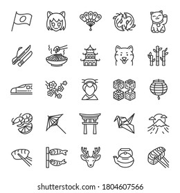 Japan, icon set. Japanese traditions, landmark, clothing, buildings, linear icons. Line with editable stroke