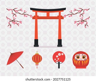 Japan icon set on pattern background