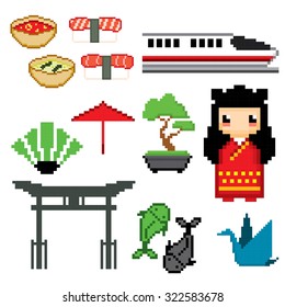 Japan icon set. Pixel art. Old school computer graphic style.