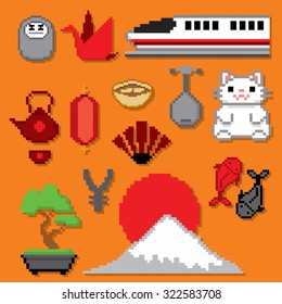 Japan icon set. Pixel art. Old school computer graphic style.