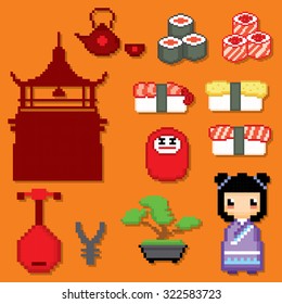 Japan icon set. Pixel art. Old school computer graphic style.