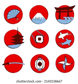 Japan icon set vector illustration. Round and red icons. Icons for social media. Japan symbols. Three colors icons. Highlights for social media. Fan, mountain, pagoda, sushi, kai carps and katana. 