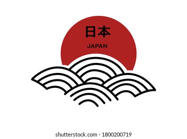 Japan icon with text 日本means Japan, Red sun with waves in ocean,tourism poster on white background, vector illustration,Symbol of Japan 