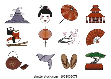 Japan Icons Color Set on White