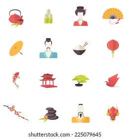 Japan icons flat set with sushi sakura tea geisha isolated vector illustration
