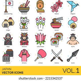Japan Icons including Anime, Bamboo, Bento, Biwa, Bonsai, Buddhism, Dango, Daruma, Dorayaki, Fugu, Furoshiki, Geisha, Geta, Gong, Gunkan, Haiku, Haori, Hashi, Mochi, Mount Fuji, Ninja, Onigiri, Onsen