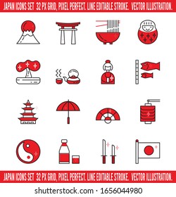 Japan icons Set  32 px Grid, Pixel Perfect. Line Editable Stroke.  Vector Illustration.