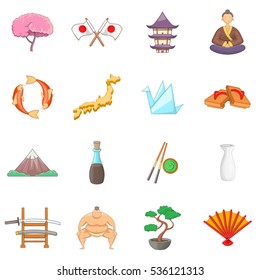 Japan icons set. Cartoon illustration of 16 Japan travel items vector icons for web
