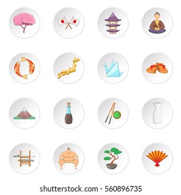 Japan icons set. Cartoon illustration of 16 Japan travel items vector icons for web