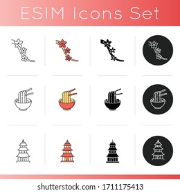 Japan icons set. Cherry blossom on tree branch. Japanese hanami. Instant noodles in bowl with chopsticks. Buddhist pagoda structure. Linear, black and RGB color styles. Isolated vector illustrations