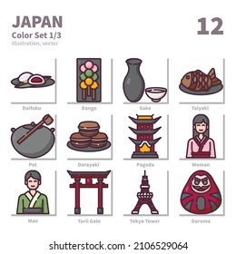 Japan icons set, Filled Outline,, vector and illustration set 1