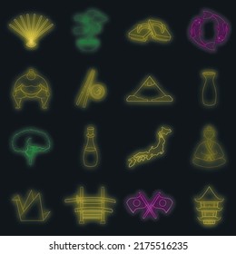 Japan icons set. Illustration of 16 Japan travel items vector icons neon color on black