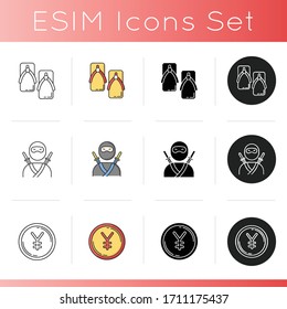 Japan icons set. Ninja in costume. Traditional japanese fighter. Geta footwear for yukata. Japanese yen. Chinese yuan. Gold coin. Linear, black and RGB color styles. Isolated vector illustrations