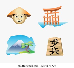 Japan icons set. Shogi chess, translation from Japanese: Pawn. Vector illustration