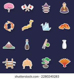 Japan icons set stikers collection vector with shadow on purple background