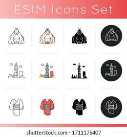 Japan icons set. Sumo wrestler. Sky tree Tokyo tower. Kimono dress. Yukata clothing. Asian traditional attributes. Linear, black and RGB color styles. Isolated vector illustrations