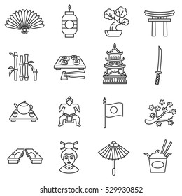 Japan icons set. Tourism and attractions, thin line design. Symbols of the country. isolated vector illustration.