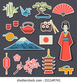 Japan icons and symbols set. Illustration on Japanese theme.