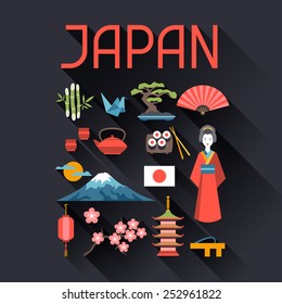 Japan icons and symbols set. Illustration on Japanese theme.