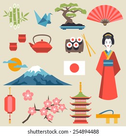 Japan icons and symbols set. Illustration on Japanese theme.