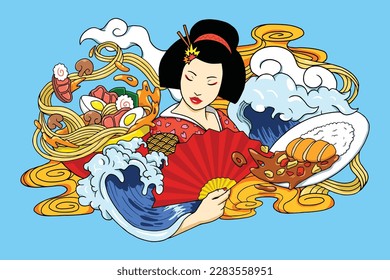 japan illustration geisha, japan culture, japan food illustration