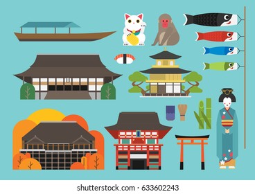 Japan illustration, vector, landmark, travel, culture, Kyoto