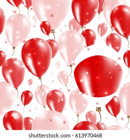 Japan Independence Day Seamless Pattern. Flying Rubber Balloons in Colors of the Japanese Flag. Happy Japan Day Patriotic Card with Balloons, Stars and Sparkles.