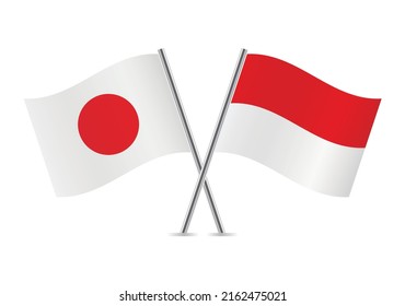 Japan and Indonesia crossed flags. Japanese and Indonesian flags on white background. Vector icon set. Vector illustration.