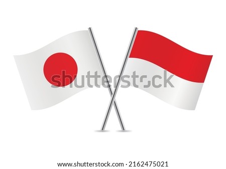 Japan and Indonesia crossed flags. Japanese and Indonesian flags on white background. Vector icon set. Vector illustration.