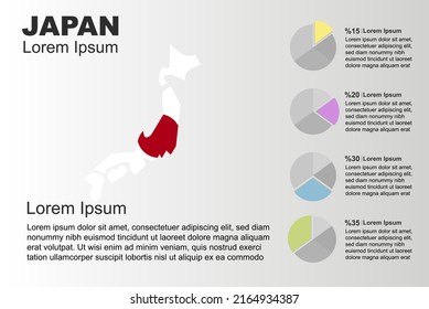 Japan infographic general use vector template with pie chart, copy space statistics idea, Japan country flag map with graphic, presentation idea, blank area graph for data, grey background