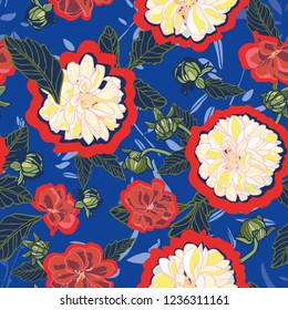 Japan inspired blue seamless vector pattern with cream dahlia and red outline. Surface pattern design.