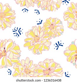 Japan inspired white seamless vector pattern with yellow dahlia and pink outline. Surface pattern design.